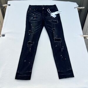 Purple Brand Dropped Fit Mid Rise Slim Leg Jeans Black Paint Splatter Size 32